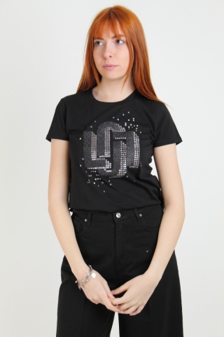 T-shirt giro collo con applicazioni e logo LIU-JO CA3396 nera