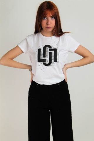 T-shirt giro collo con applicazioni e logo LIU-JO CA3396 bianca